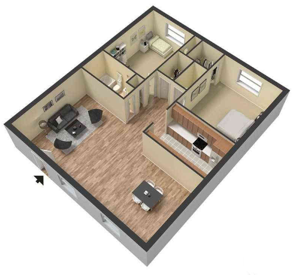 Floor plan for 2 beds, 1 bath, 920 sqft